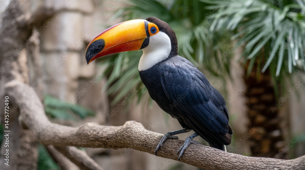 Obraz premium Colorful toucan perched on a tree branch in lush tropical setting with vibrant green foliage in the background