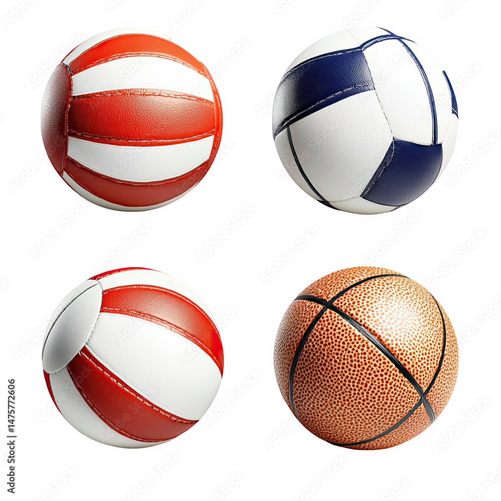 Fototapeta premium Set of Four Distinctive Sports Balls Including Volleyballs and Basketball with Textured Surfaces on Transparent Background