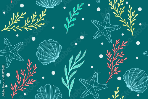 Sea life with starfish shells and coral seamless pattern for fabric background banners 