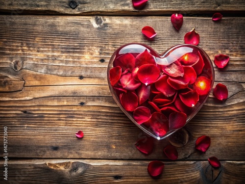 Rustic Wooden Board with Glass Red Heart & Rose Petals - Love Banner