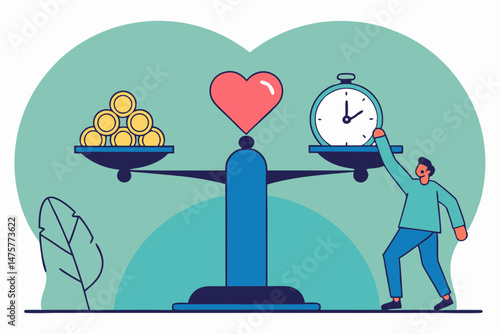 A person adjusts a scale balancing stacks of coins against a clock, with a heart symbol at the fulcrum, illustrating the concept of balancing time, money, and personal values or well-being.
