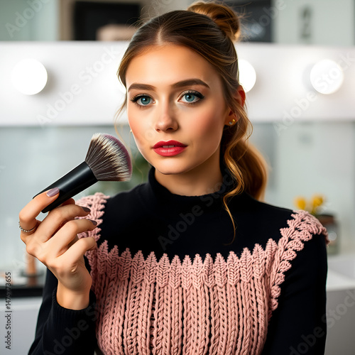 girl doing makeup with brush