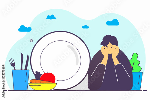 A person sits with a sad or thoughtful expression at a table with an empty plate, a small bowl of vegetables and fruit, and cutlery, possibly depicting hunger, dieting, or a lack of appetite.