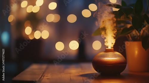 Aroma diffuser gently releasing steam, creating a peaceful and relaxing indoor atmosphere.
