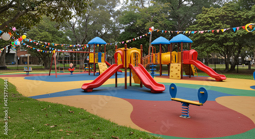 Festive playground with slides swings