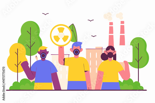 Three masked individuals are protesting air pollution in a city with factories emitting smoke, one holding a radiation symbol, highlighting environmental concerns and the impact of industrial pollutio