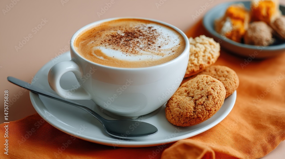A frothy cappuccino with cocoa powder sits next to delicious cookies on a plate on a warm orange cloth. A frothy cappuccino with cocoa powder sits next to delicious cookies on a plate on a warm orange cloth.
