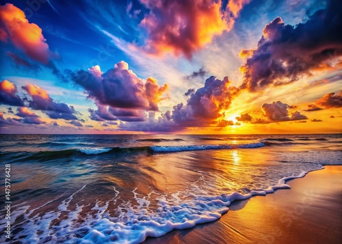 Serene Sunset Coastal Landscape: Gentle Waves & Vibrant Clouds Over Tranquil Ocean