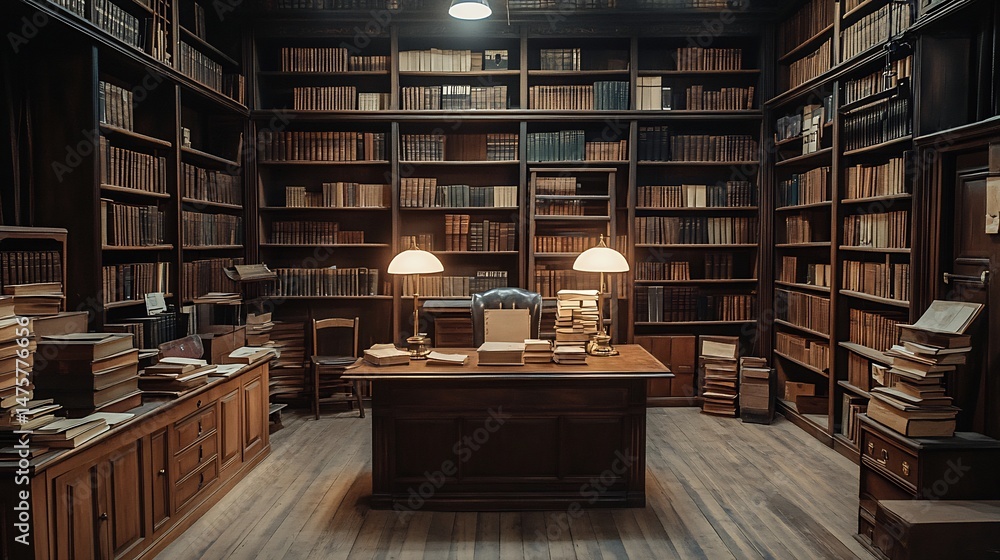 Obraz premium Dimly lit law archive room with aged case files vintage reading lamps wooden shelves