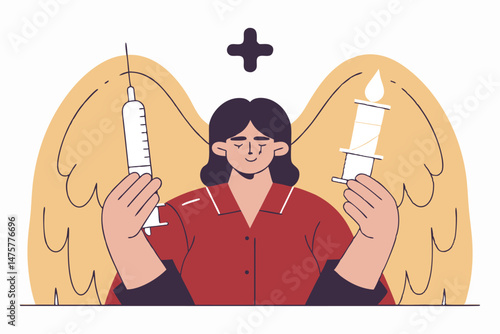 A figure with wing-like shapes behind them holds a syringe in one hand and a lit candle in the other, positioned beneath a medical cross, representing a choice between medical intervention and palliat