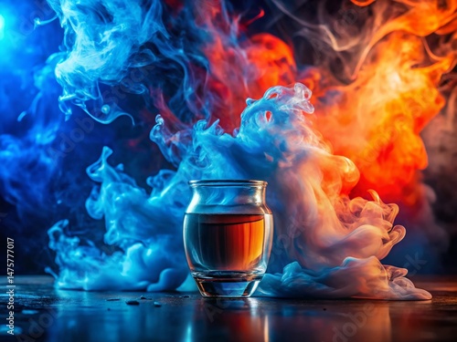 Shimmering Blue Abstract Art with Orange and Red Smoke Detail