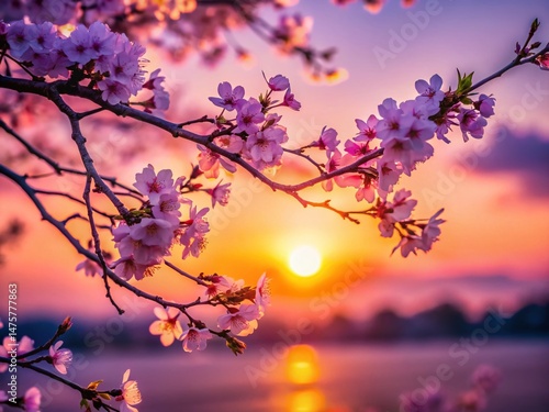 Silhouette of Cherry Blossom Trees at Sunset, Spring Beauty