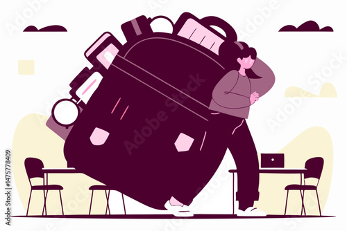A student with an overloaded backpack and a stack of books struggles to walk past a large alarm clock, suggesting the pressures and time constraints of academic life.