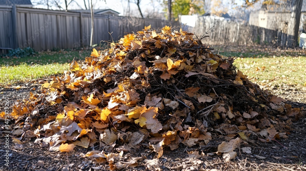 Obraz premium Vibrant Pile of Autumn Leaves in a Backyard Landscape Capturing the Essence of Fall's Colors and Textures in a Serene Natural Setting