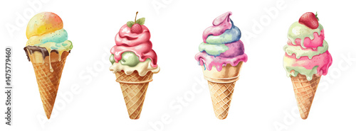 Ice cream watercolor set. Realistic summer ice cream cone, strawberry, orange, chocolate in vintage style isolated on white background. Vector illustration