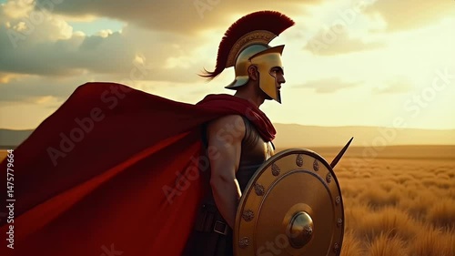 Ancient spartan hero stands with shield and cape  
