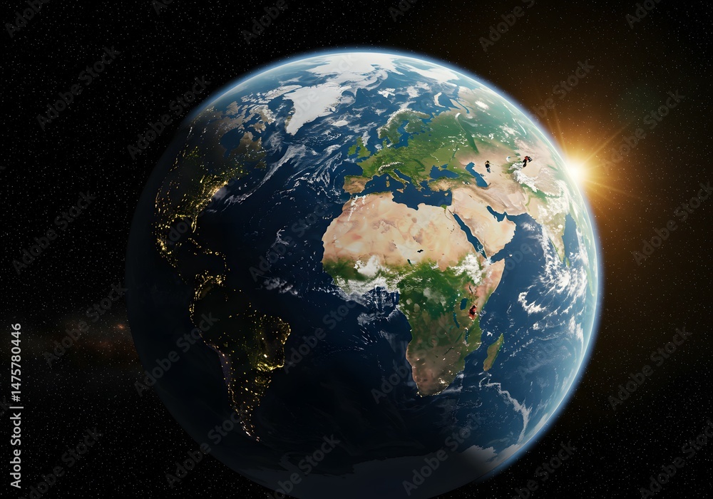 Fototapeta premium Stunning High-Resolution Image of Planet Earth from Space, Showcasing Continents, Oceans, and Sunrise