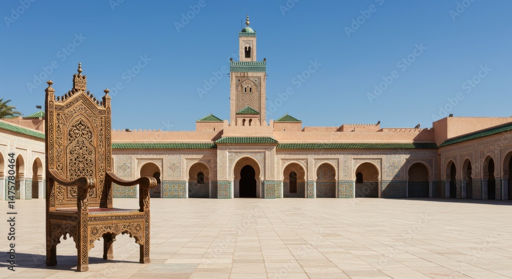 Fototapeta premium Ornate Wooden Throne in the Majestic Courtyard of the Mausoleum of Moulay Ismail, Meknes, Morocco