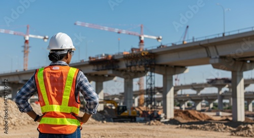 Rear view of a woman construction worker in a hard hat and safety vest overlooking a large highway and bridge construction site with cranes.