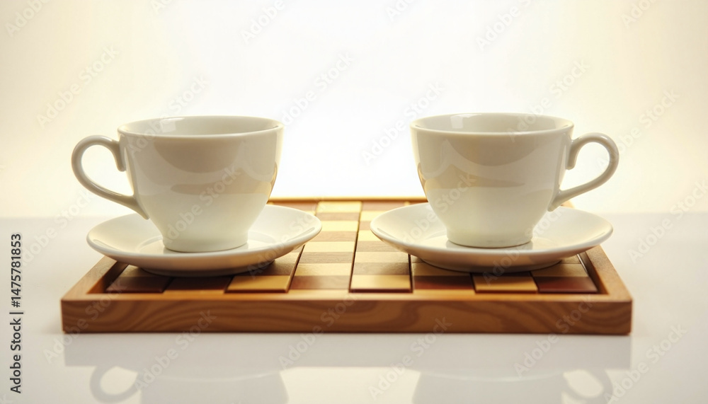 Fototapeta premium Chessboard and tea cups celebrating International Chess Day 