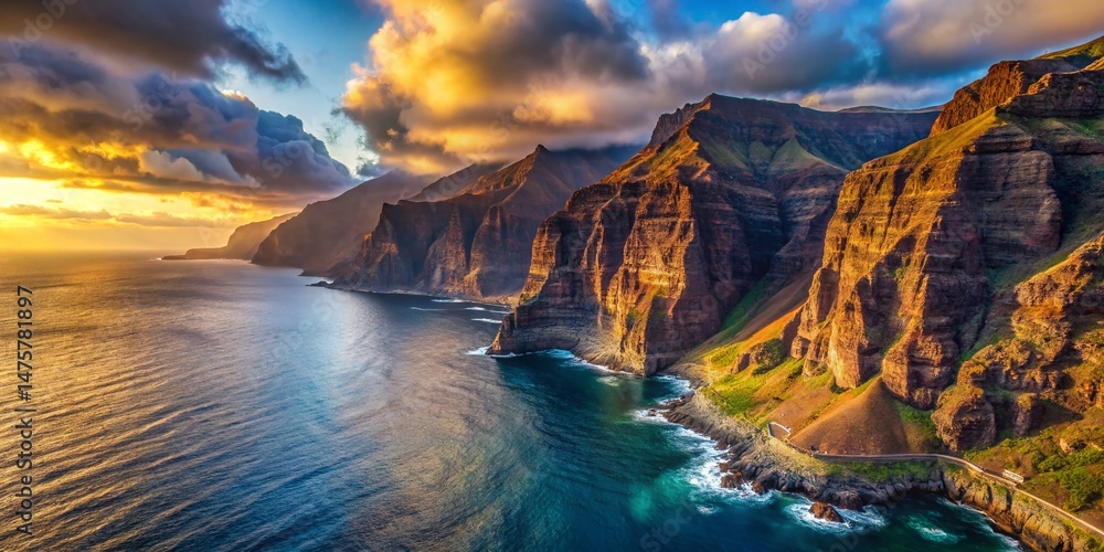 Fototapeta premium Stunning Aerial View of Los Gigantes Cliffs, Tenerife, Canary Islands, Bokeh Effect
