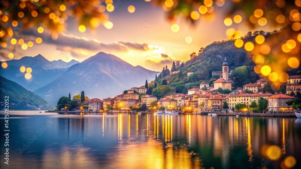 Fototapeta premium Stunning Como Lake Italy Landscape, Breathtaking Bokeh, Scenic Italian Alps View