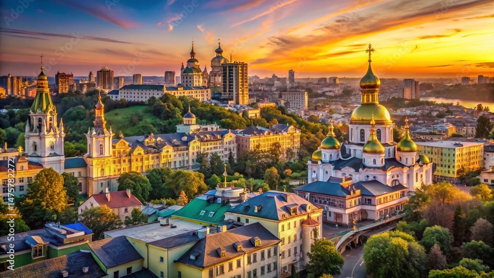 Obraz premium Stunning Panoramic View of Kyiv Cityscape at Golden Hour