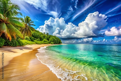 Stunning Panoramic Summer Beach Scene: Golden Sand, Turquoise Water, Sunny Sky