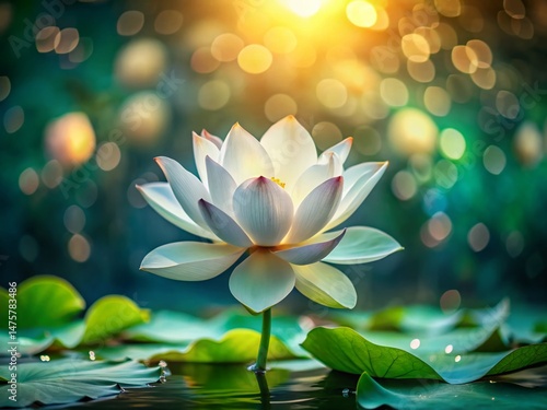 Sunlit White Lotus Blossom with Bokeh, Dark Green Pond Background - Stock Photo