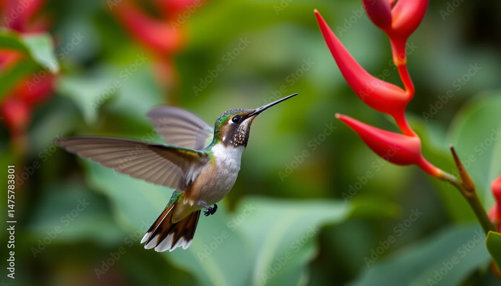 Fototapeta premium Hummingbird in natural habitat wildlife bird detail focus green foliage red elements outdoor scene