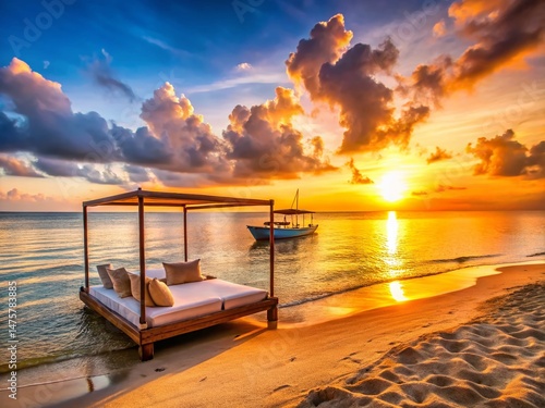 Sunset Beach Scene: Luxurious Beds & Boat at Golden Hour