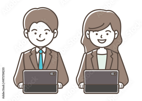 タブレットPCで仕事をする男女のベクターイラストセット