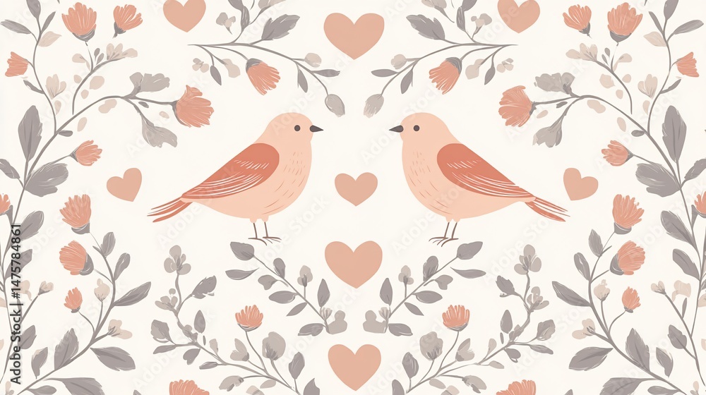 Fototapeta premium Charming illustration of lovebirds amidst floral branches and hearts