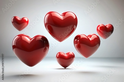 Surreal Floating Red Hearts, Isolated White Background – Stock Photo