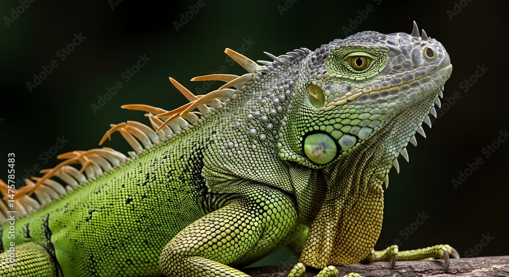 Fototapeta premium Green Iguana Close-up Portrait on Branch Nature Scene