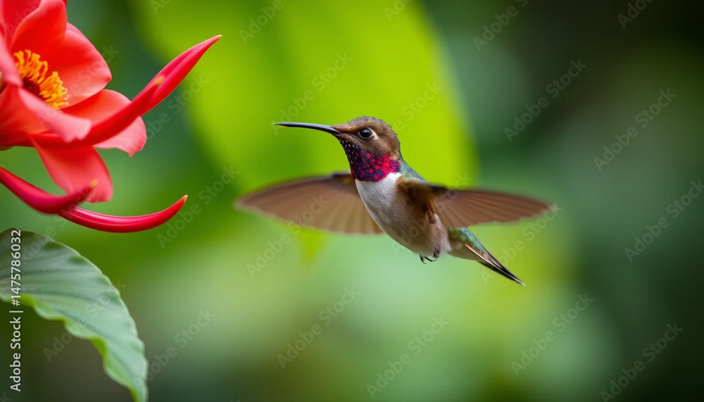 Fototapeta premium Hummingbird in flight near a flower nature photography image