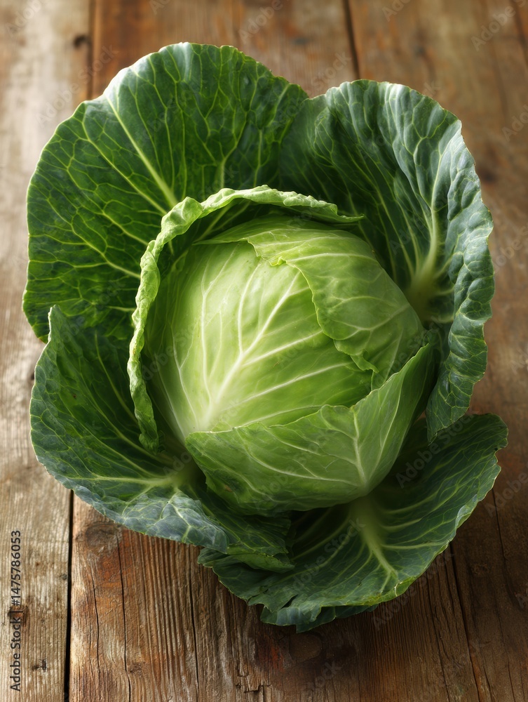 Obraz premium Cabbage Head With Fresh Outer Leaves Resting on a Clear Wooden Table Surface in a Bright Natural Light Setting