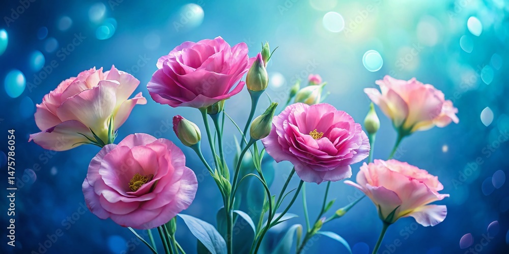 Fototapeta premium Surreal Pink Lisianthus Flowers Isolated on Blue Background - Stock Photo