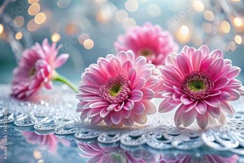 Surreal Pink Flowers with Water Droplets on White Patterned Background - Stock Photo