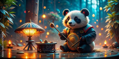 Surreal Toy Panda Musician: Whimsical Fan & Drum Photo