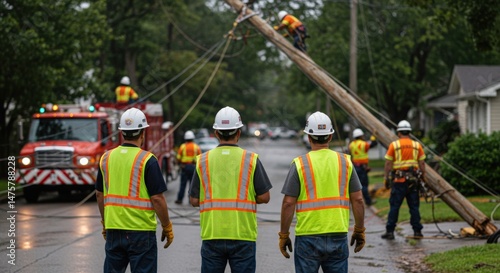 Utility workers in hard hats and safety vests assess a fallen power pole and downed lines on a residential street after a storm