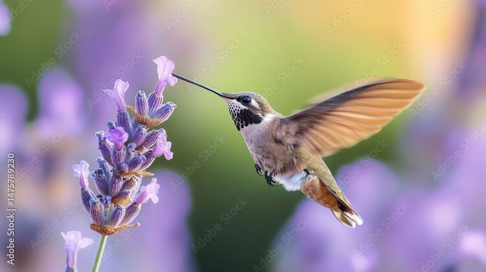Naklejka premium Hummingbird in flight near lavender