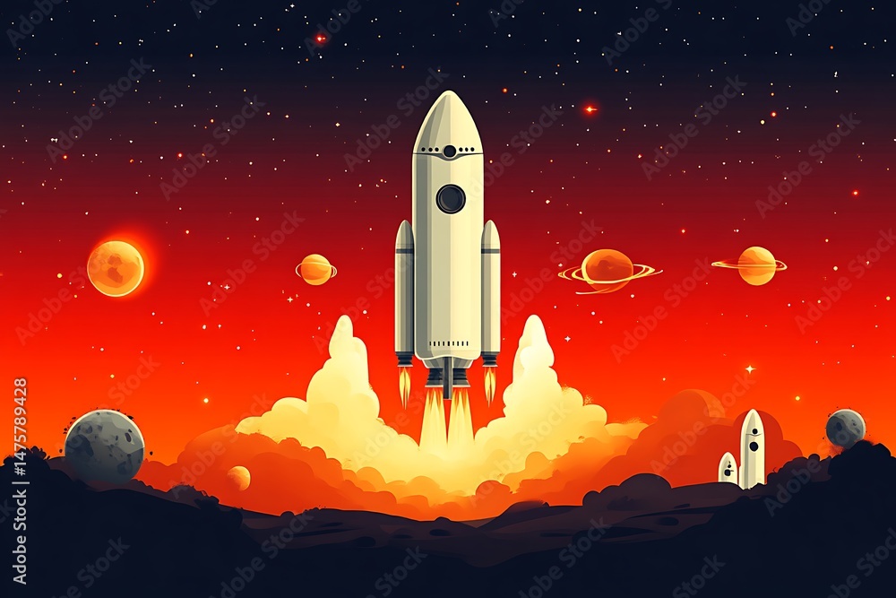 Obraz premium Space rocket launching into a fiery cosmos.