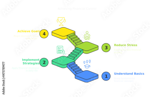 Strategic Steps to Success: An isometric illustration shows steps of a stair leading to goals and achievements, from understanding to reducing stress.