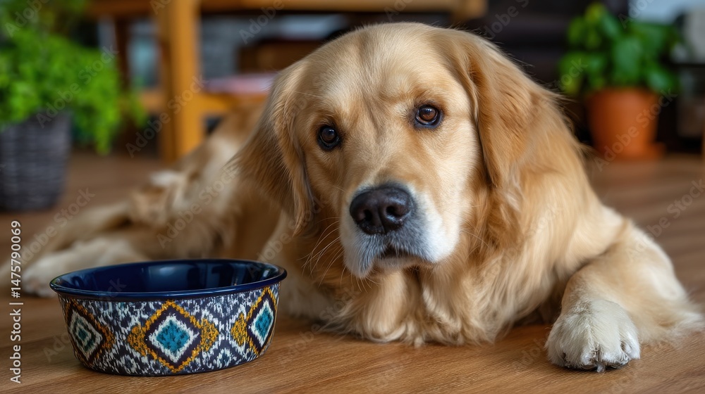 Golden Retriever Dog Waiting Patience by Colorful Food Bowl Golden Retriever Dog Waiting Patience by Colorful Food Bowl