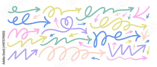 Crayon drawn funky arrows, whimsical bold doodle lines. Colorful squiggle thick linear arrows. Hand drawn freehand different curved lines, swirls, heart and zigzags. Cute girly direction pointers.