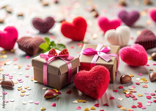 Valentine's Day Gifts: Miniature Hearts & Confetti on White Background