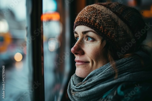 Portrait of a middle-aged woman in a hat and scarf on the background of the city.