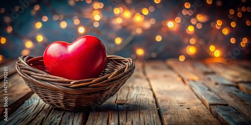 Valentine's Day Red Heart in Wooden Basket - Romantic Love Concept Stock Photo