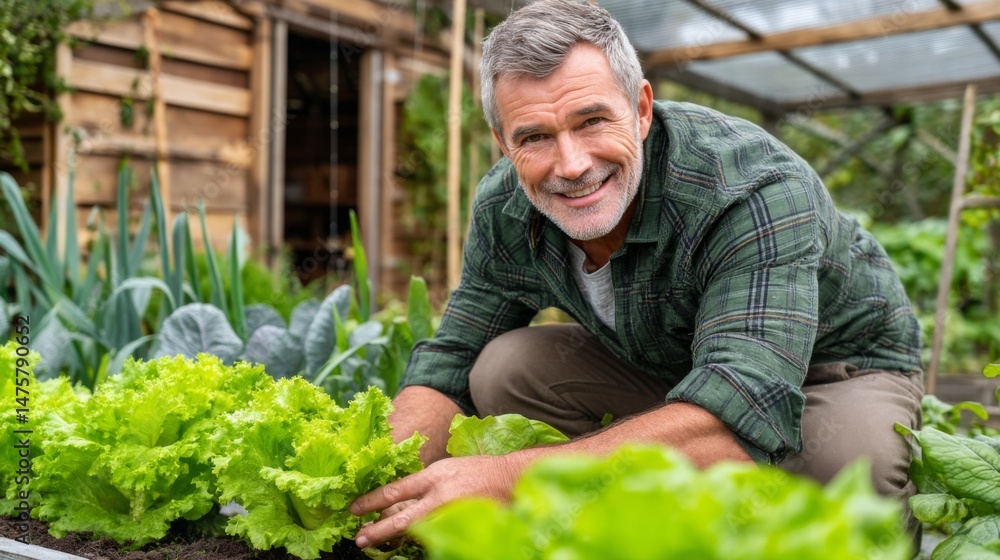 Fototapeta premium Smiling man tending to fresh lettuce in vibrant garden full of green vegetables and herbs, enjoying organic farming lifestyle